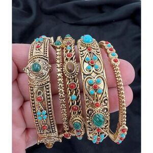 Five Piece Bracelet Set Gold with Stone Inlay  (3399)